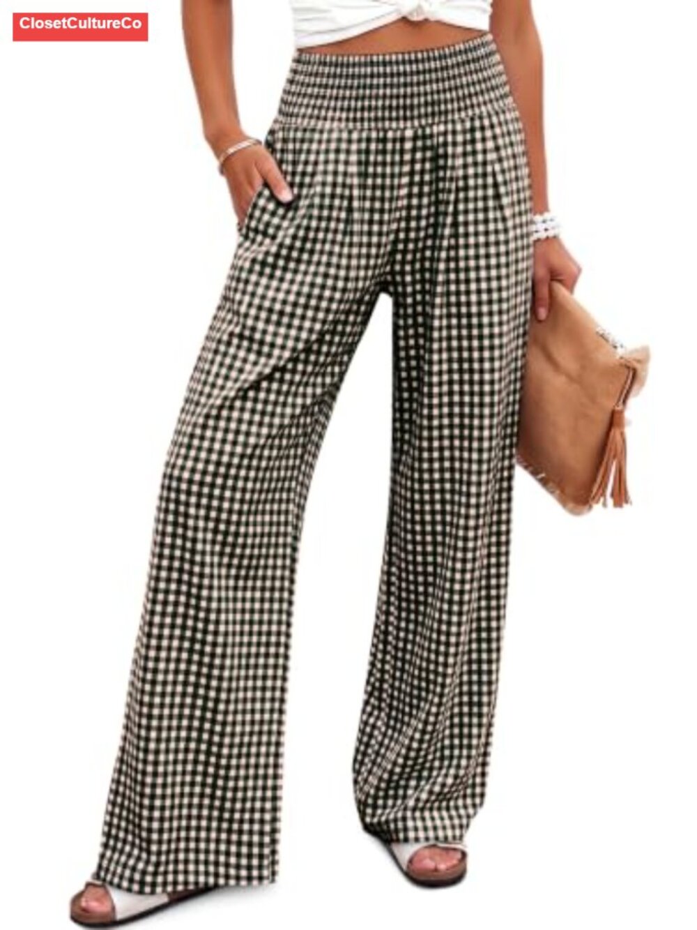 Wide Leg Palazzo Pants Smocked Waist Pockets Lightweight Summer